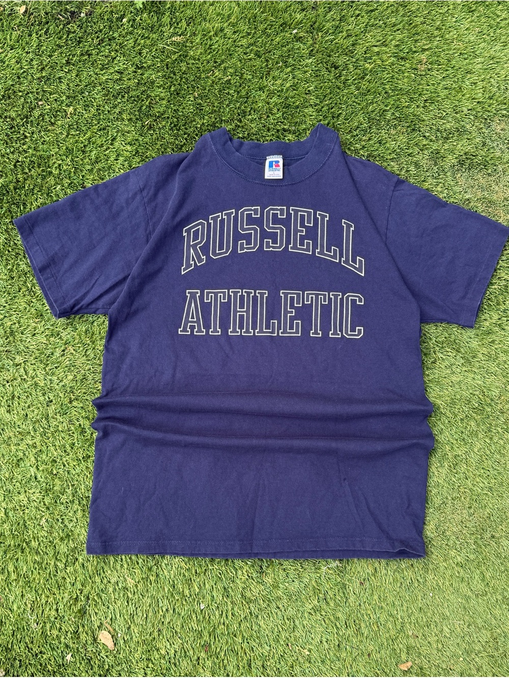 Vintage 90s Russell Athletic Navy Crewneck Tee with Collegiate Logo